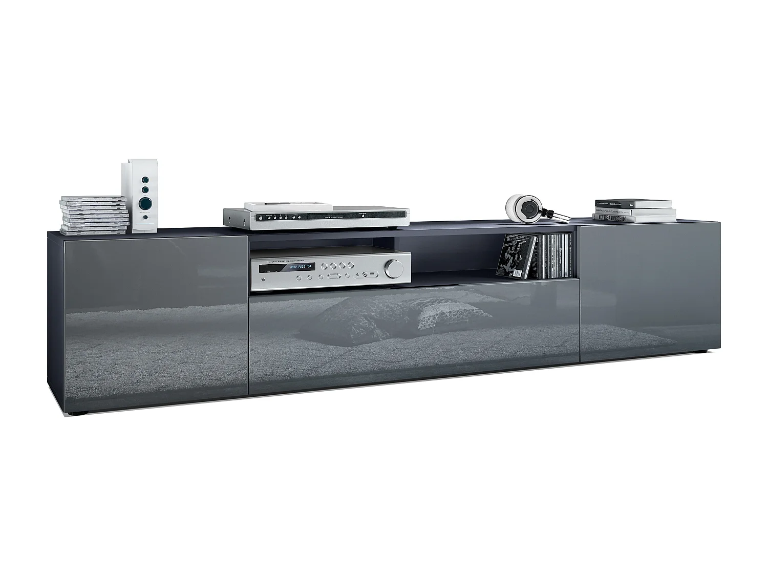 Meuble TV Mogan 181 x 39 x 35 cm, lowboard long avec 6 compartiments, caisson en anthracite mat, façades en Gris haute brillance