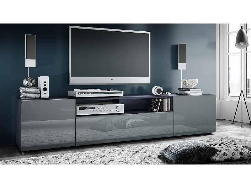 Meuble TV Mogan 181 x 39 x 35 cm, lowboard long avec 6 compartiments, caisson en anthracite mat, façades en Gris haute brillance