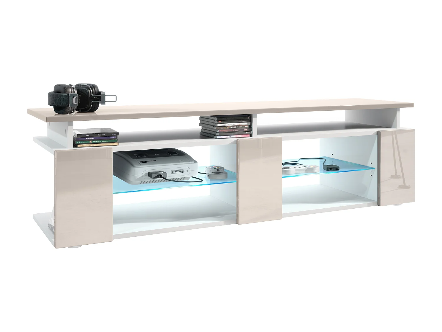 TV Board Movie V2 Game On Lowboard 138,5 x 39 x 39 cm , caisson en blanc mat, façades en gris sable haute brillance