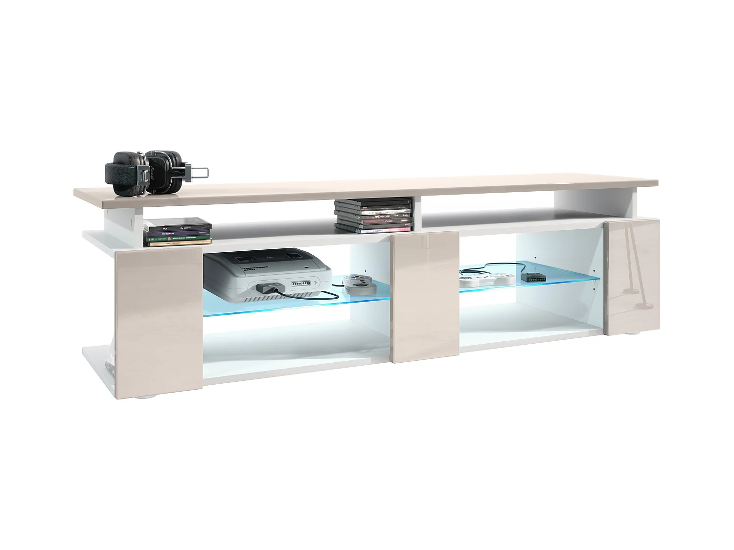 TV Board Movie V2 Game On Lowboard 138,5 x 39 x 39 cm , caisson en blanc mat, façades en gris sable haute brillance