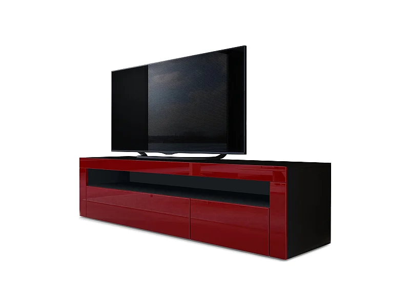 Buffet bas Valencia, Meuble TV avec 1 compartiment ouvert et 2 clapets, Noir mat/bordeaux haute brillance/bordeaux haute brillance (155 x 46 x 40 cm)