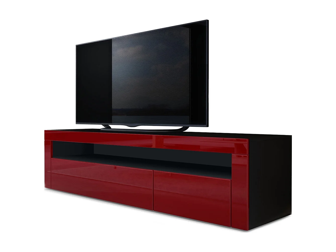 Buffet bas Valencia, Meuble TV avec 1 compartiment ouvert et 2 clapets, Noir mat/bordeaux haute brillance/bordeaux haute brillance (155 x 46 x 40 cm)