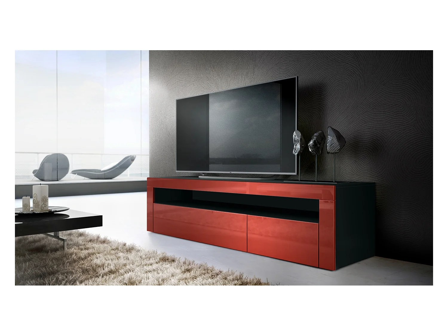Buffet bas Valencia, Meuble TV avec 1 compartiment ouvert et 2 clapets, Noir mat/bordeaux haute brillance/bordeaux haute brillance (155 x 46 x 40 cm)