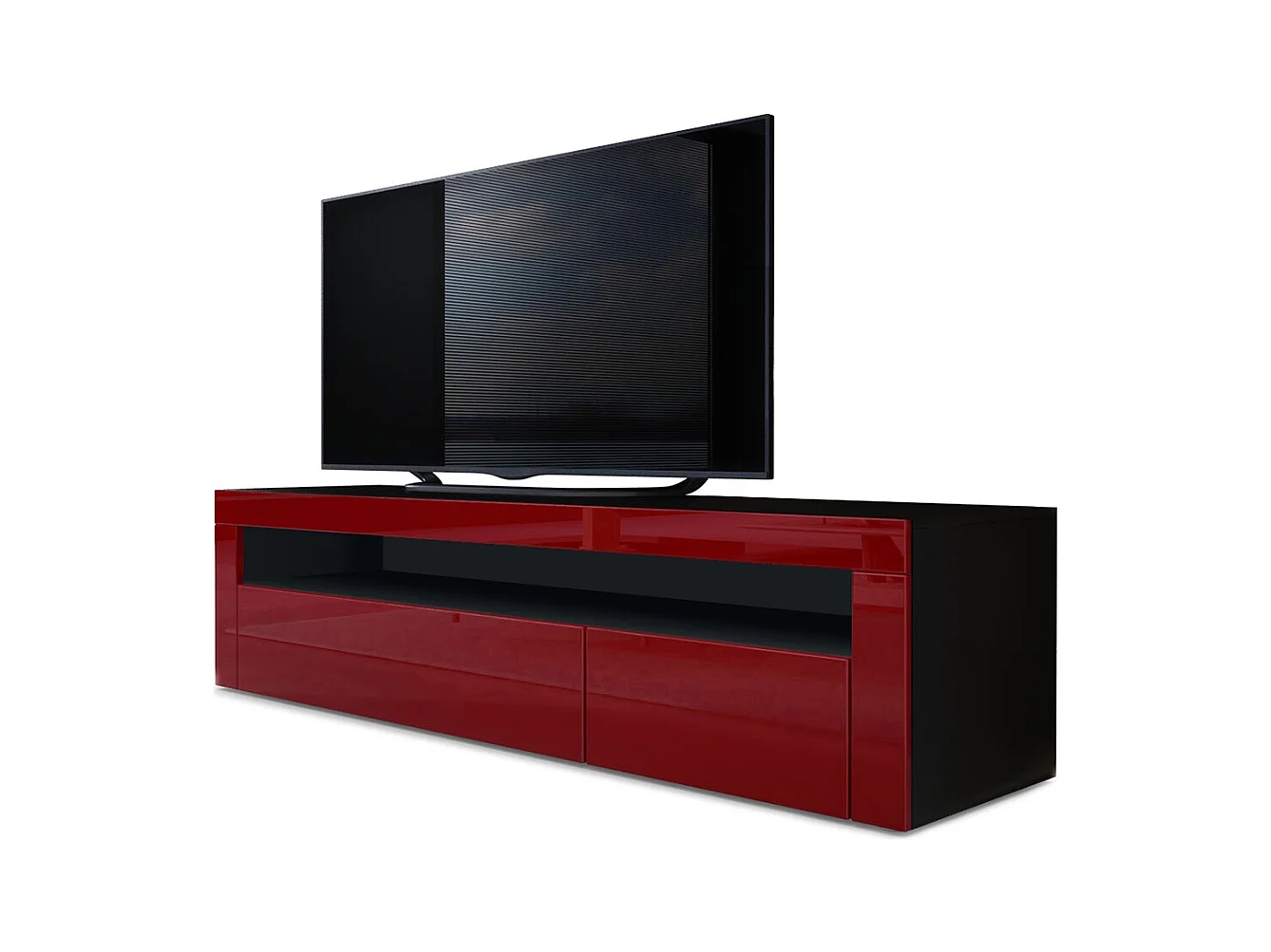 Buffet bas Valencia, Meuble TV avec 1 compartiment ouvert et 2 clapets, Noir mat/bordeaux haute brillance/bordeaux haute brillance (155 x 46 x 40 cm)