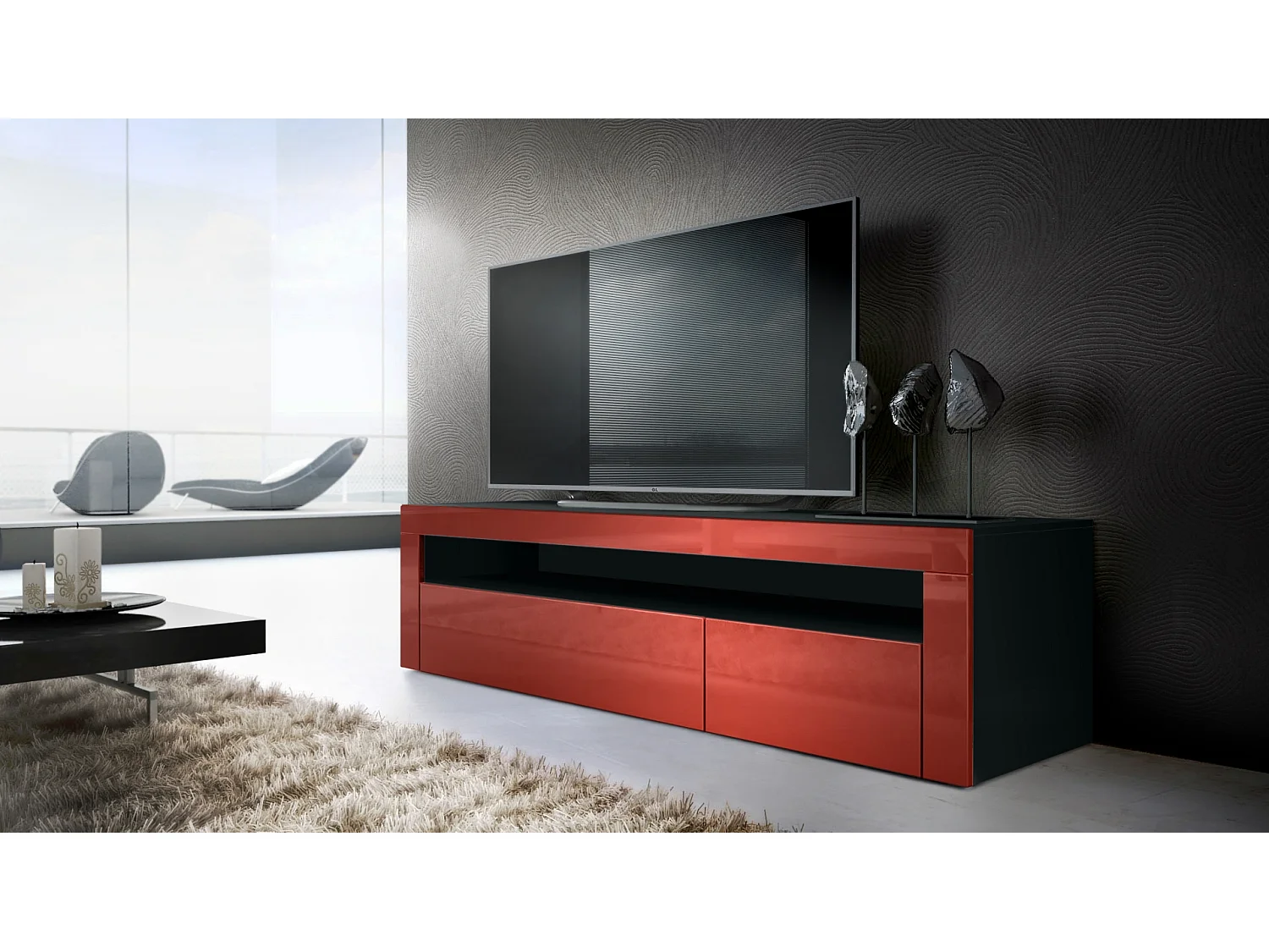 Buffet bas Valencia, Meuble TV avec 1 compartiment ouvert et 2 clapets, Noir mat/bordeaux haute brillance/bordeaux haute brillance (155 x 46 x 40 cm)