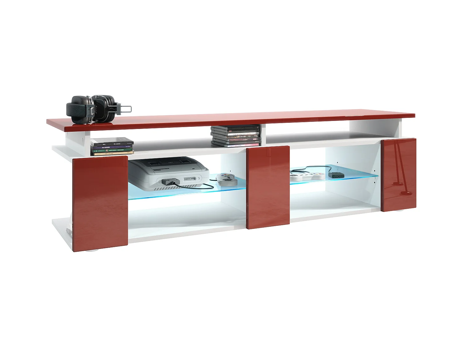 TV Board Movie V2 Game On Lowboard 138,5 x 39 x 39 cm , caisson en blanc mat, façades en bordeaux haute brillance