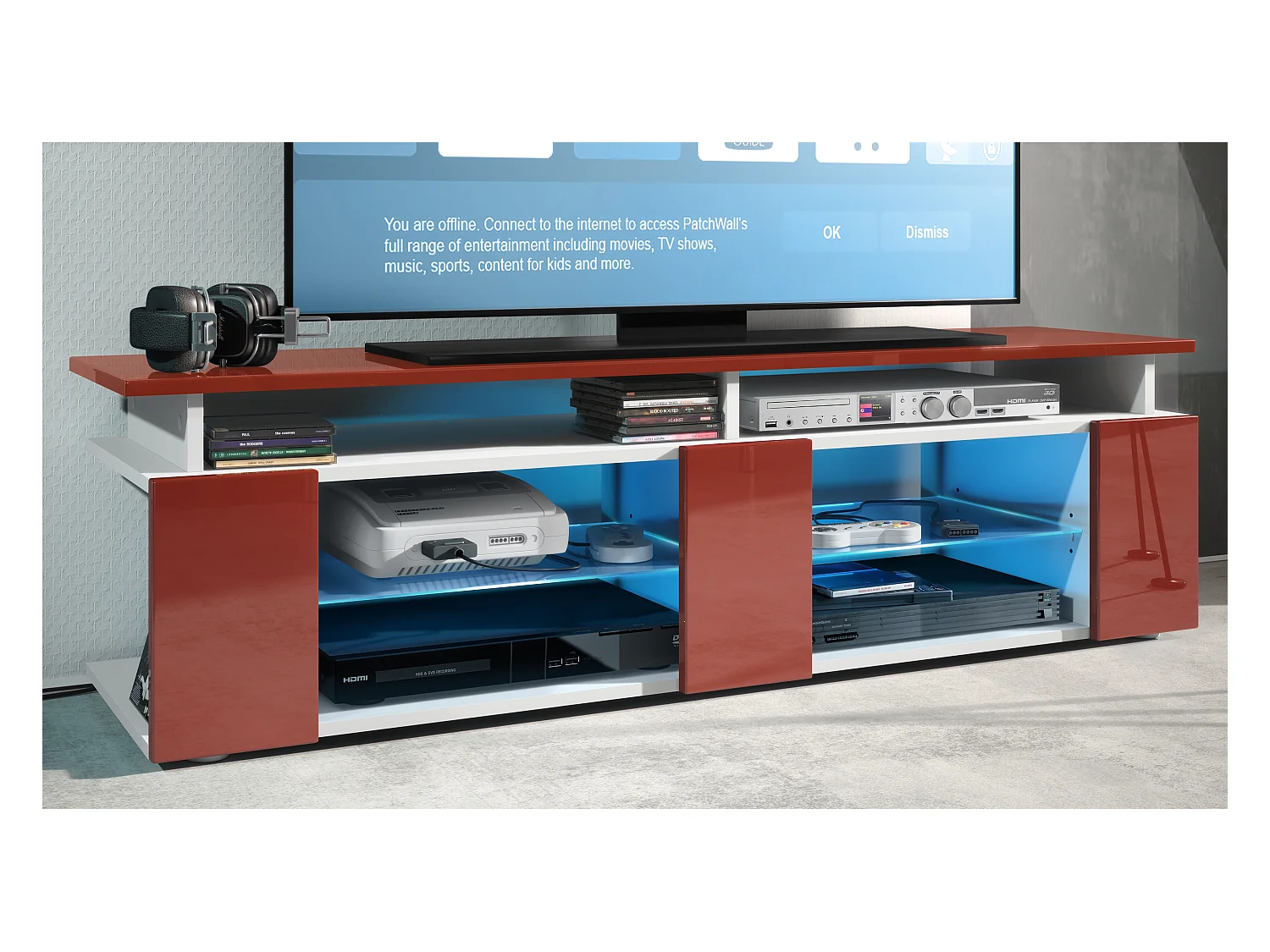 TV Board Movie V2 Game On Lowboard 138,5 x 39 x 39 cm , caisson en blanc mat, façades en bordeaux haute brillance