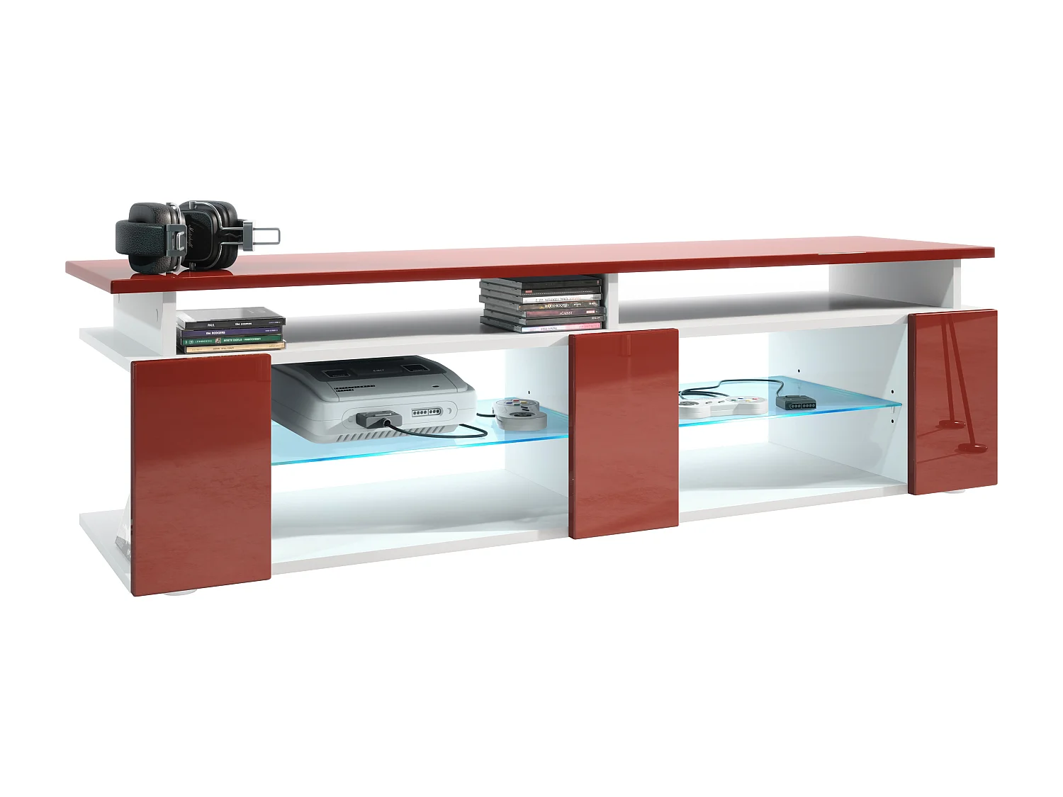 TV Board Movie V2 Game On Lowboard 138,5 x 39 x 39 cm , caisson en blanc mat, façades en bordeaux haute brillance