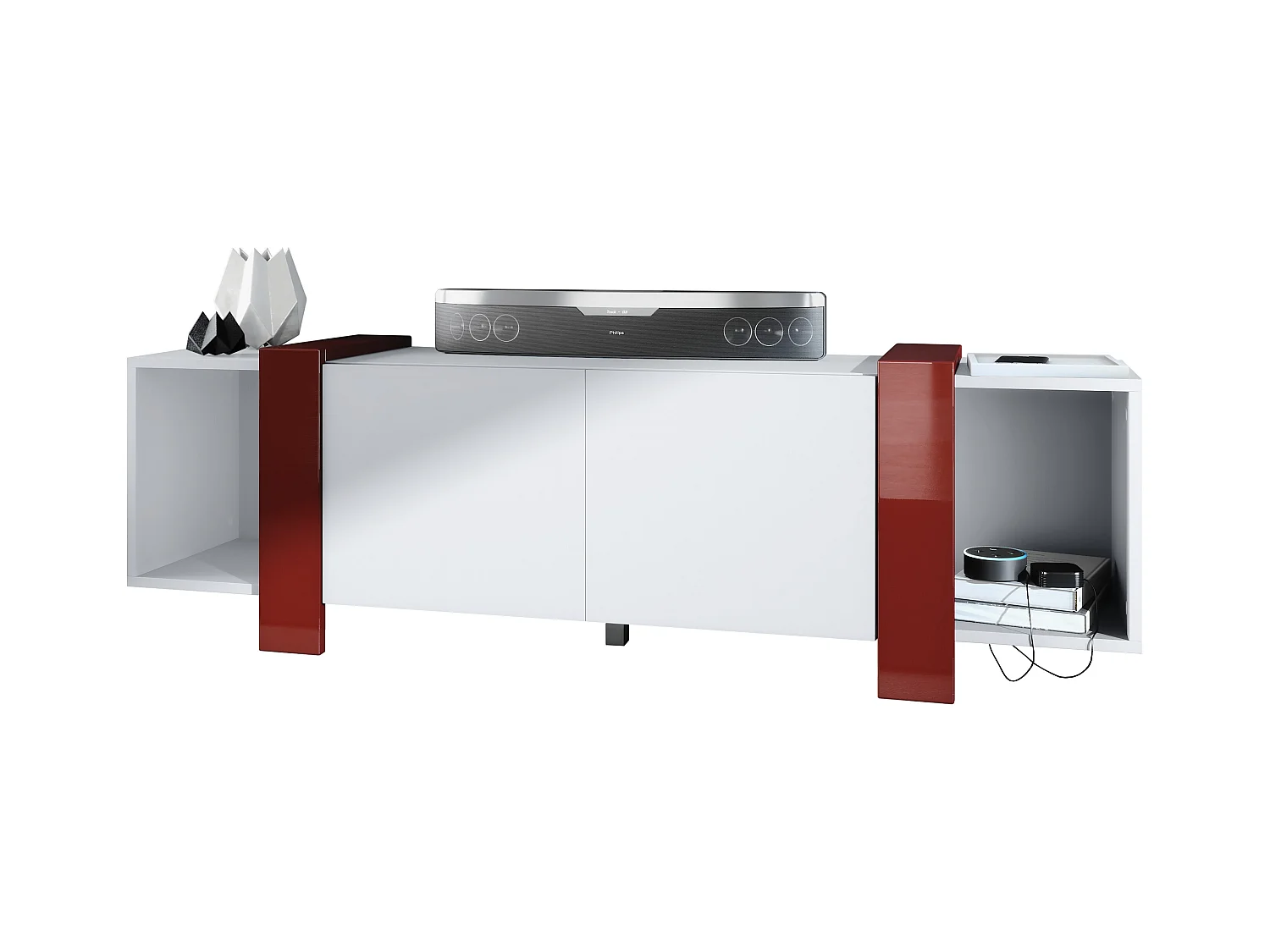 Lowboard Ida 149 x 45,5 x 34 cm Buffet TV avec 4 compartiments et portes PTO, caisson en blanc mat, façades en Bordeaux brillant | Grand choix de couleurs