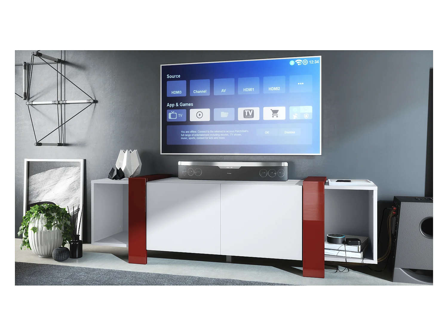 Lowboard Ida 149 x 45,5 x 34 cm Buffet TV avec 4 compartiments et portes PTO, caisson en blanc mat, façades en Bordeaux brillant | Grand choix de couleurs