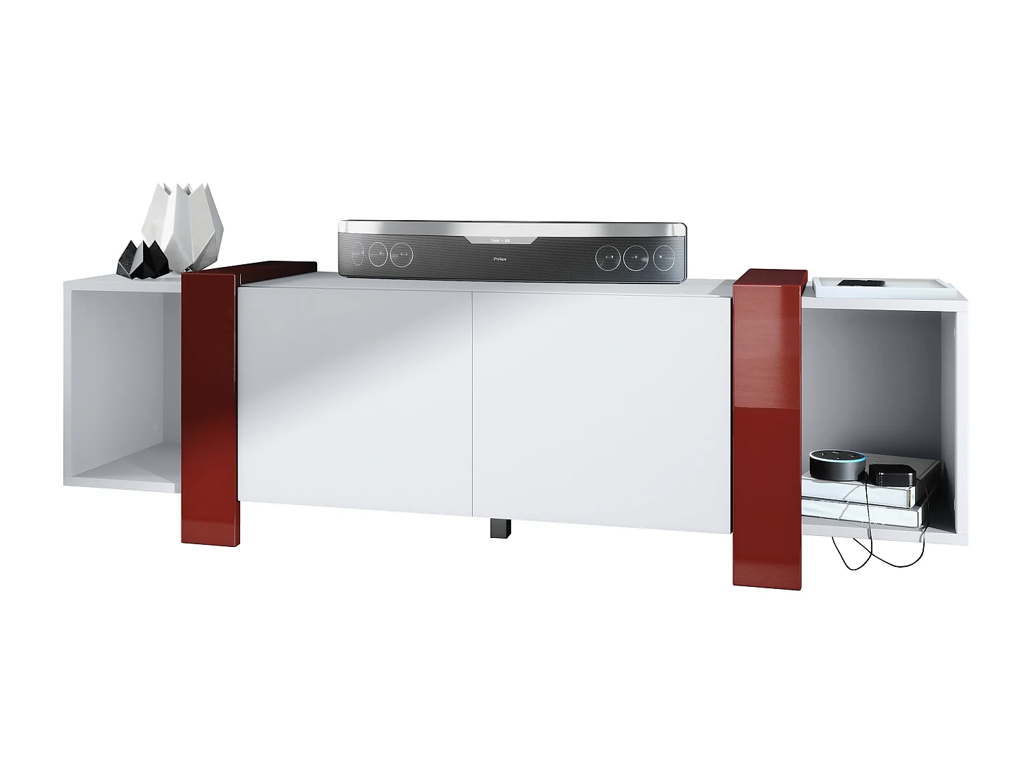 Lowboard Ida 149 x 45,5 x 34 cm Buffet TV avec 4 compartiments et portes PTO, caisson en blanc mat, façades en Bordeaux brillant | Grand choix de couleurs