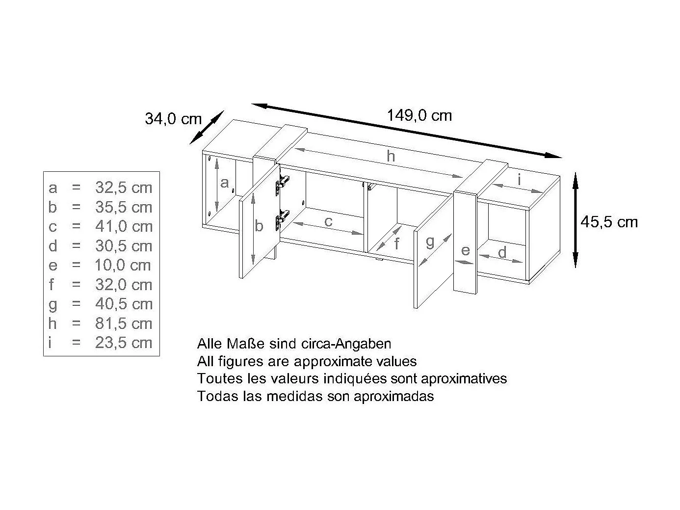 Lowboard Ida 149 x 45,5 x 34 cm Buffet TV avec 4 compartiments et portes PTO, caisson en blanc mat, façades en Bordeaux brillant | Grand choix de couleurs
