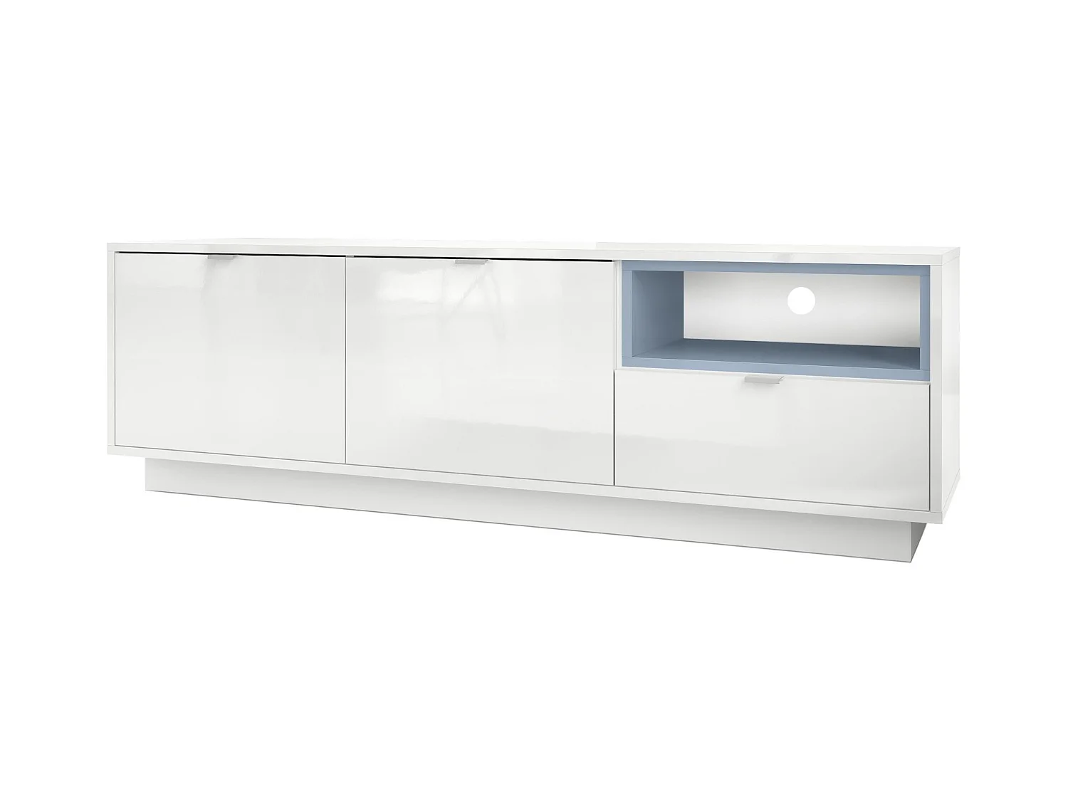 Meuble TV Armoire Metro, Corps en Blanc haute brillance / Façades en Blanc haute brillance avec une insertion en Denim mat