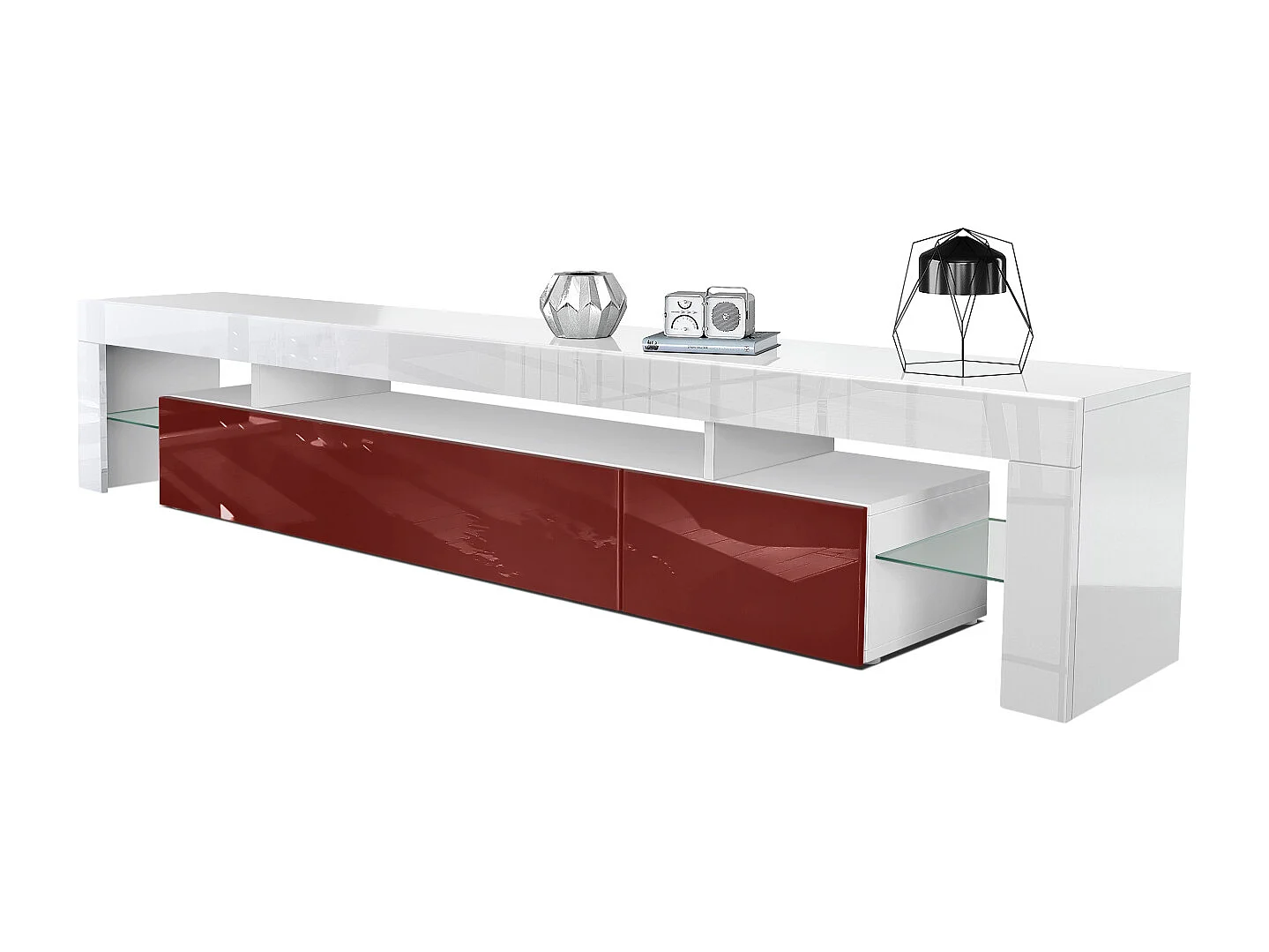 Buffet bas Lima V2, Meuble TV avec 2 clapets, 1 compartiment ouvert et 2 étagères en verre, Blanc haute brillance/Bordeaux haute brillance (189 x 38 x 35 cm)