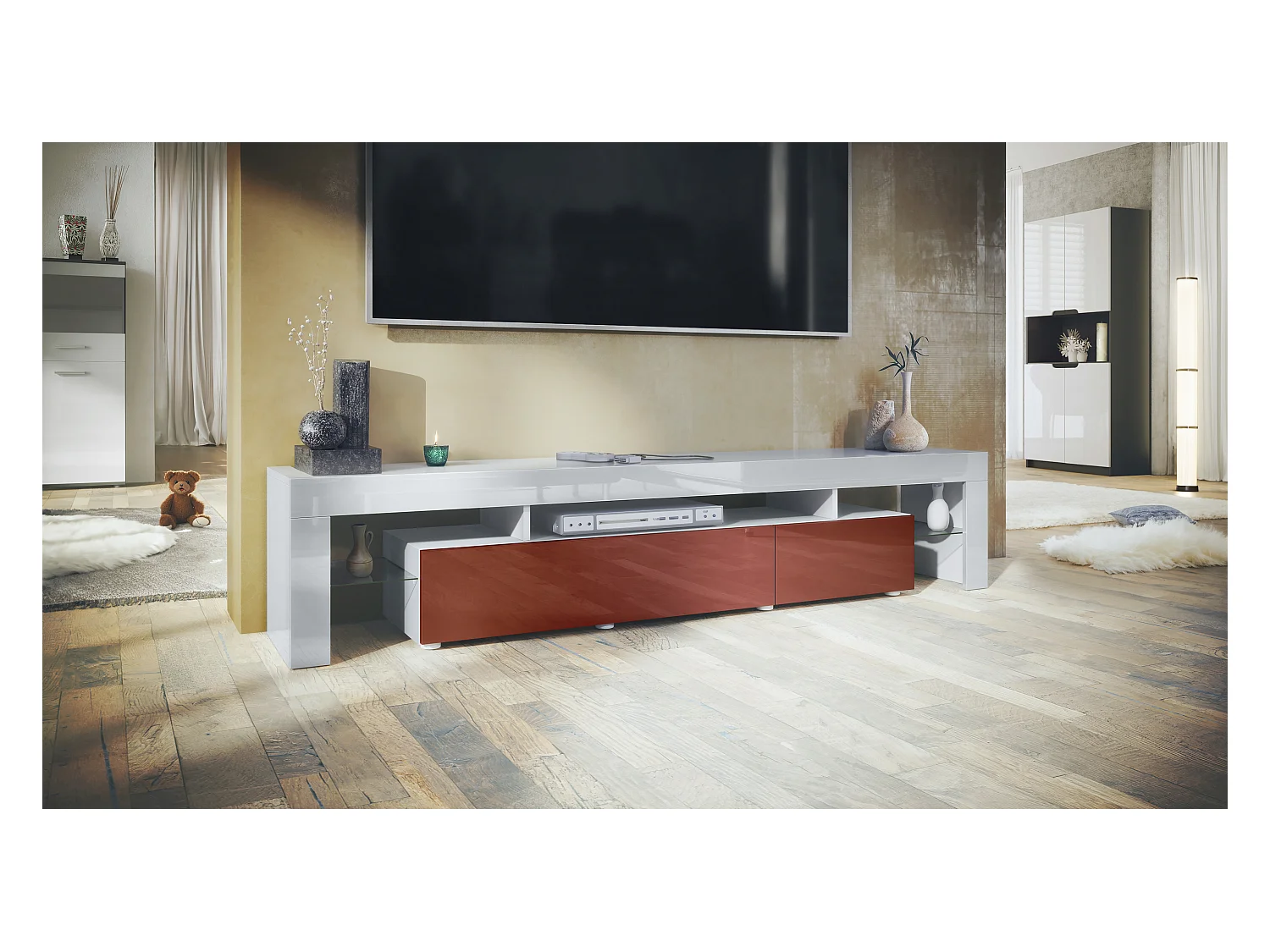 Buffet bas Lima V2, Meuble TV avec 2 clapets, 1 compartiment ouvert et 2 étagères en verre, Blanc haute brillance/Bordeaux haute brillance (189 x 38 x 35 cm)