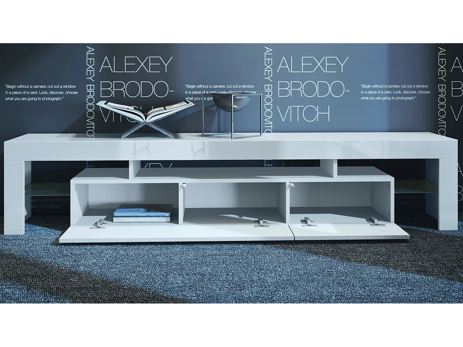 Lima V2 Lowboard, mobile TV con 2 ante a ribalta, 1 vano a giorno e 2 ripiani in vetro, bianco lucido/bordeaux lucido (189 x 38 x 35 cm)