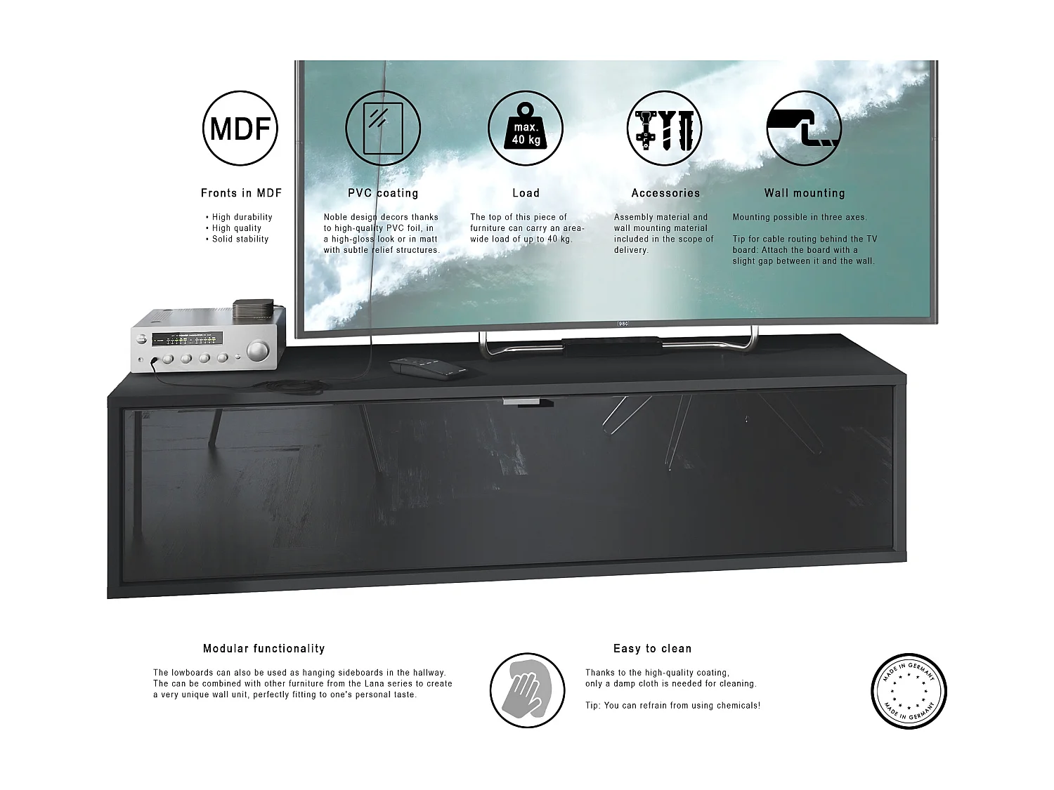 TV Board Lana 120 mobile da parete Porta TV 120 x 29 x 37 cm, struttura in nero opaco, frontali in bianco lucido | Ampia scelta di colori