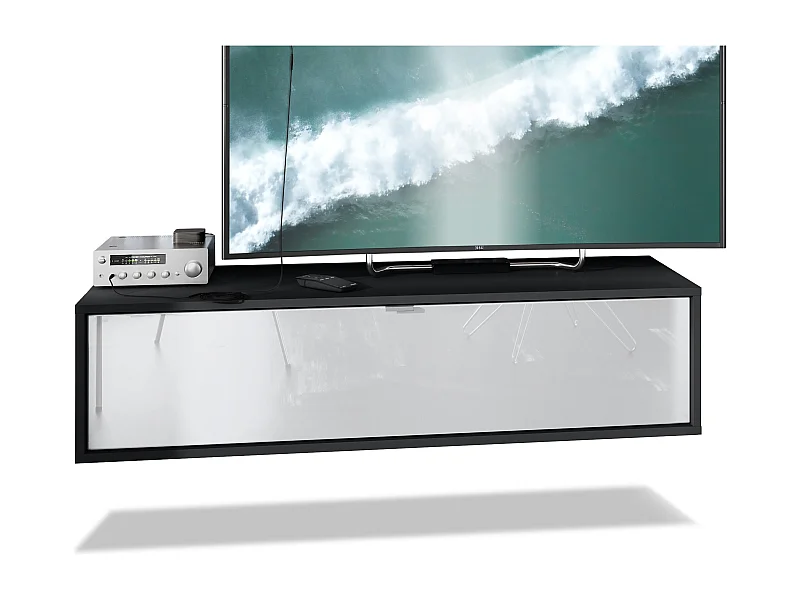 Meuble TV Lana 120 armoire murale lowboard 120 x 29 x 37 cm, caisson en Noir mat, façades en blanc haute brillance | Grand choix de couleurs