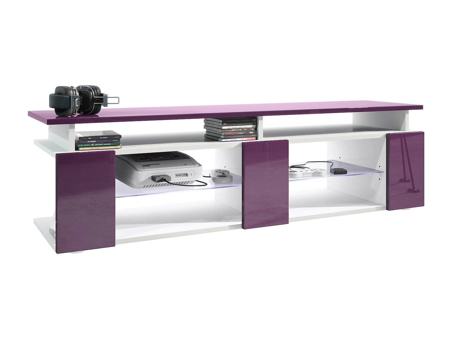 TV Board Movie V2 Game On Lowboard 138,5 x 39 x 39 cm éclairage LED inclus Blanc, caisson en blanc mat, façades en mûre haute brillance