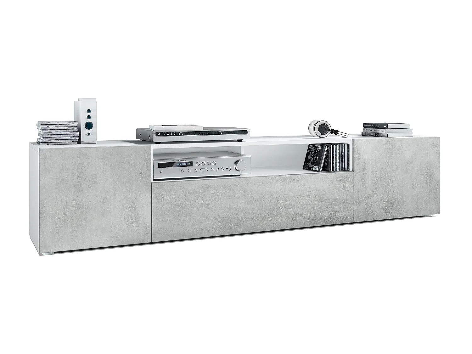 Buffet bas Mogan, Meuble TV avec 2 portes, 1 clapet et 1 compartiment ouvert, Blanc mat/Aspect Béton Oxyde (181 x 39 x 35 cm)