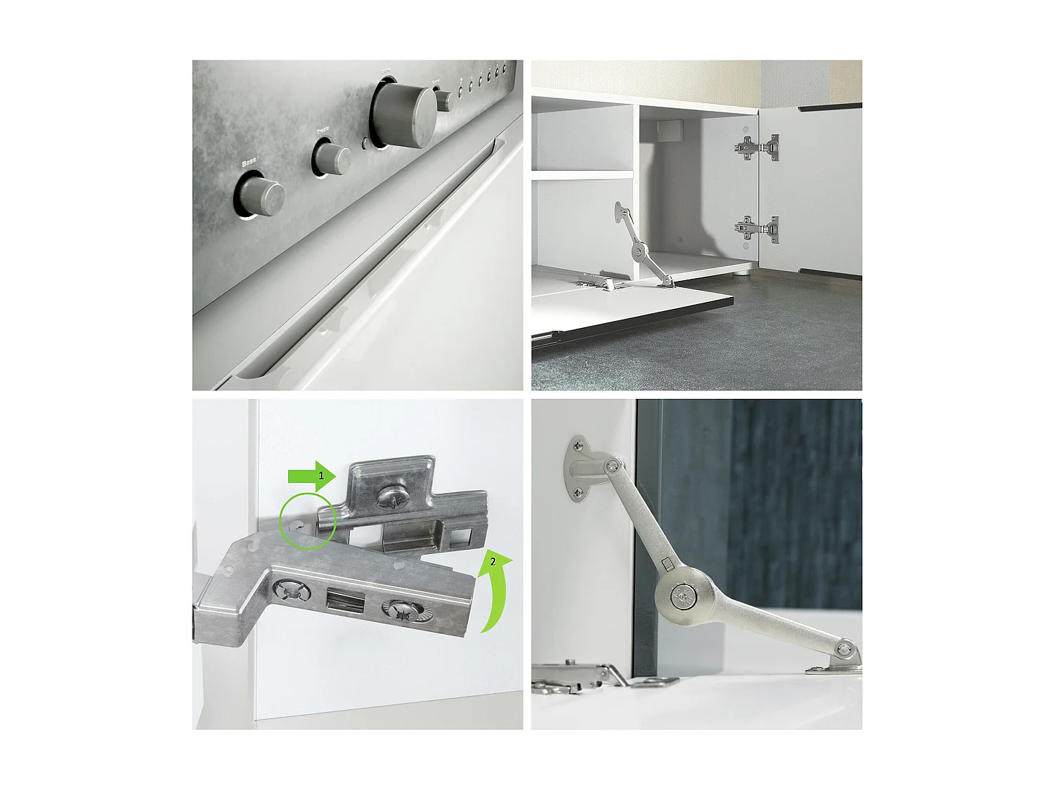 Buffet bas Mogan, Meuble TV avec 2 portes, 1 clapet et 1 compartiment ouvert, Blanc mat/Aspect Béton Oxyde (181 x 39 x 35 cm)