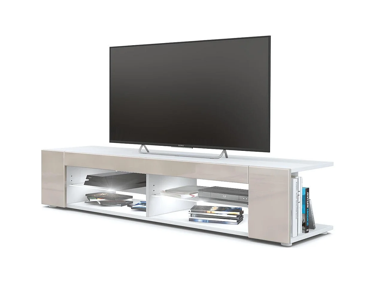 Buffet bas Movie, Meuble TV avec 4 compartiments ouverts et placages décoratifs, Blanc mat/Gris sable brillant, éclairage LED blanc inclus (134 x 29 x 39 cm)