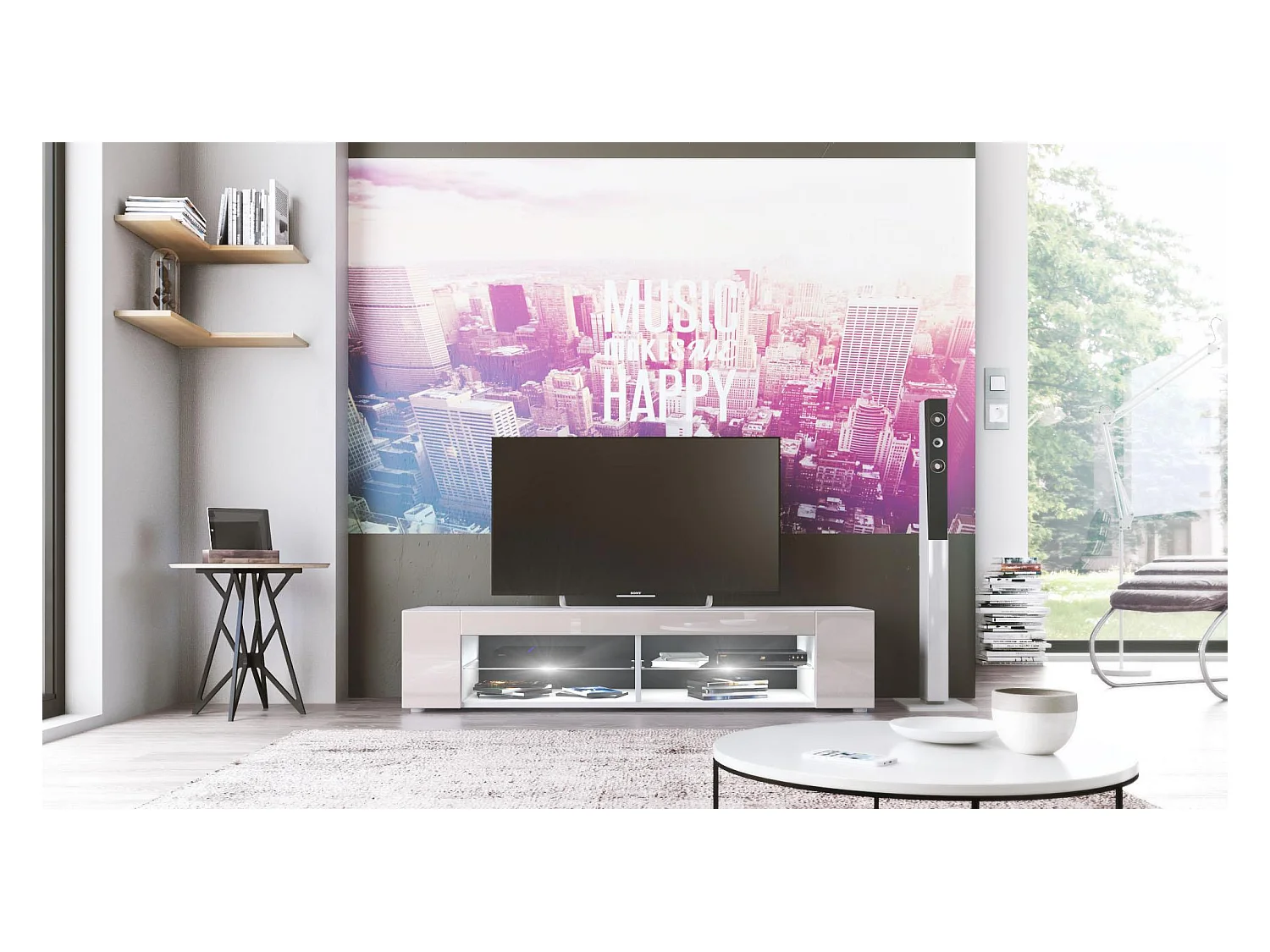 Buffet bas Movie, Meuble TV avec 4 compartiments ouverts et placages décoratifs, Blanc mat/Gris sable brillant, éclairage LED blanc inclus (134 x 29 x 39 cm)