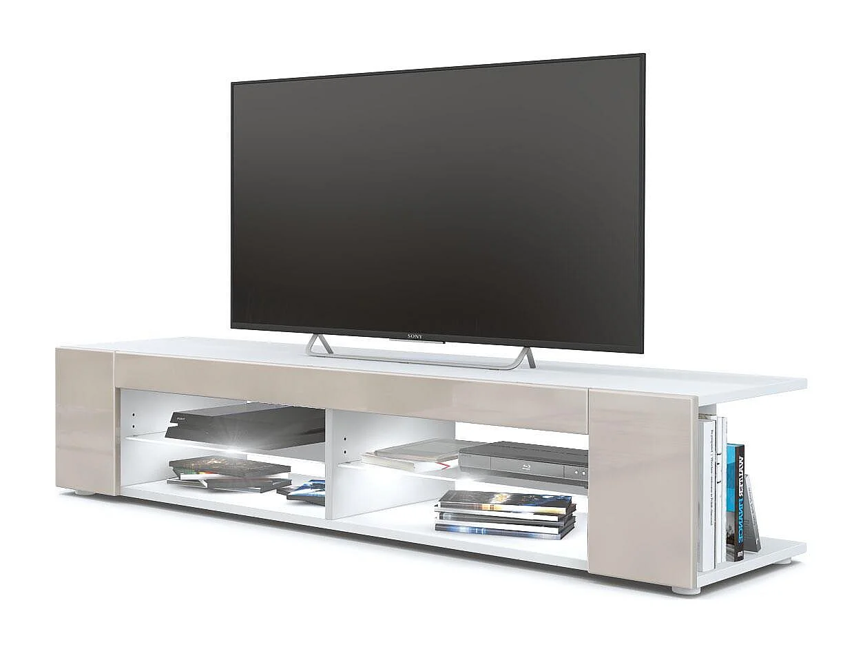 Buffet bas Movie, Meuble TV avec 4 compartiments ouverts et placages décoratifs, Blanc mat/Gris sable brillant, éclairage LED blanc inclus (134 x 29 x 39 cm)