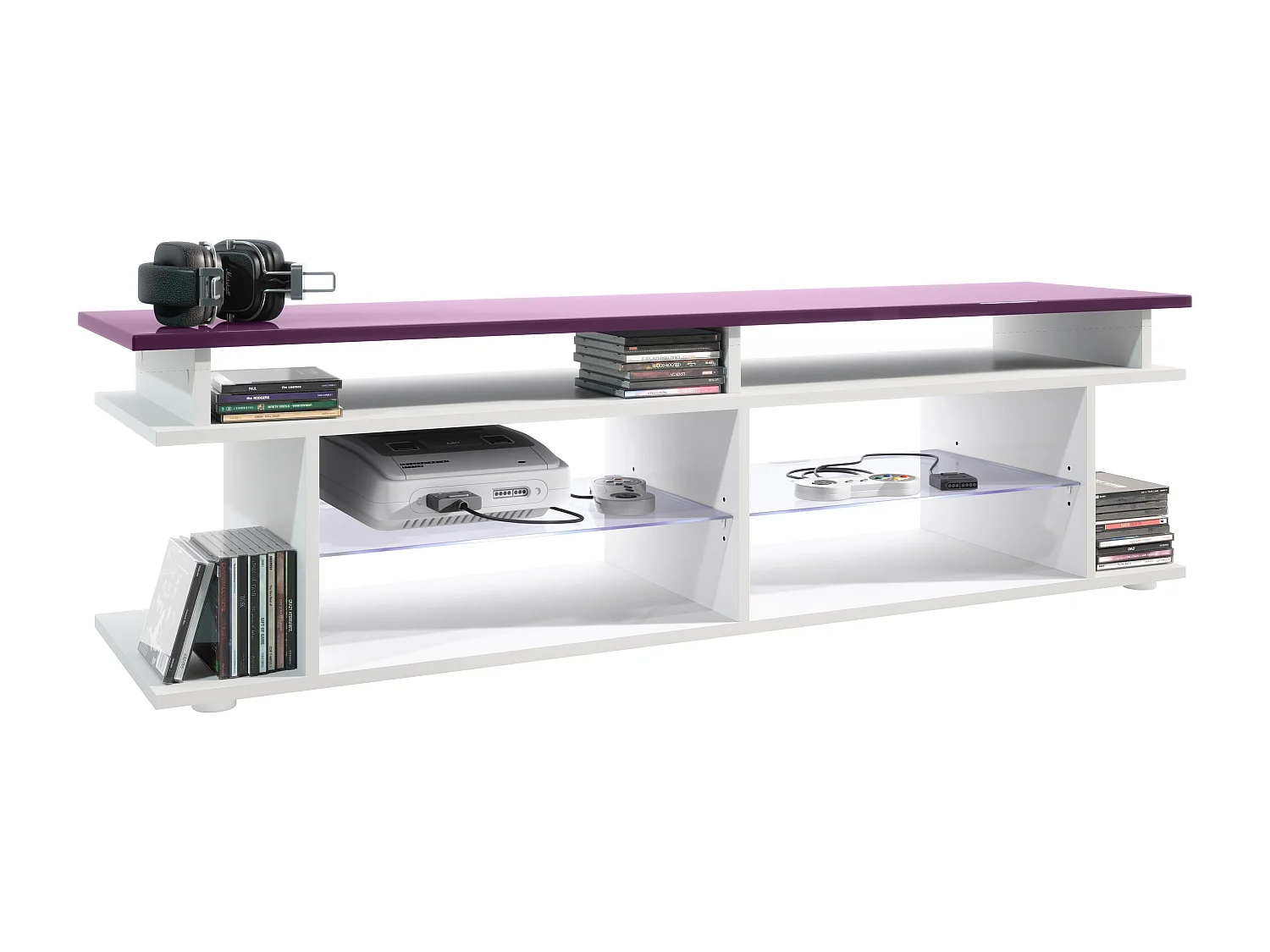 TV Board Movie V3 Game On 138,5 x 39 x 37,5 cm éclairage LED inclus Bleu, caisson en blanc mat, élément supérieur en mûre haute brillance