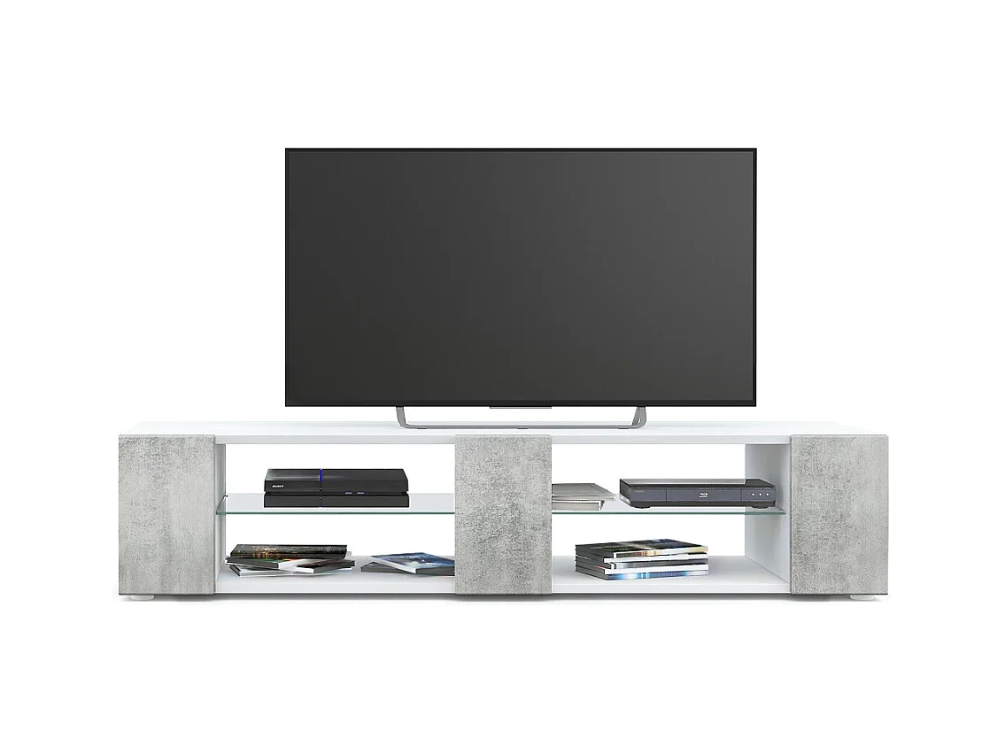 Buffet bas Movie V2, Meuble TV avec 6 compartiments ouverts et placages décoratifs, Blanc mat/Aspect Béton Oxyde, (134 x 29 x 39 cm)