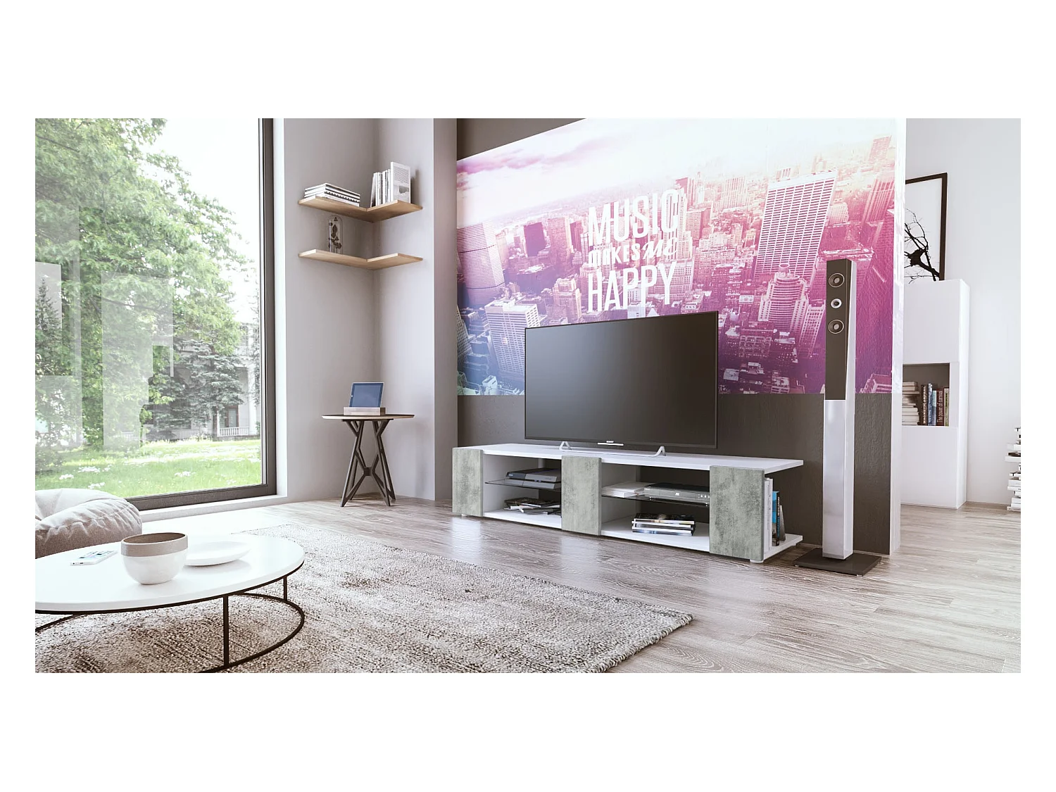 Buffet bas Movie V2, Meuble TV avec 6 compartiments ouverts et placages décoratifs, Blanc mat/Aspect Béton Oxyde, (134 x 29 x 39 cm)