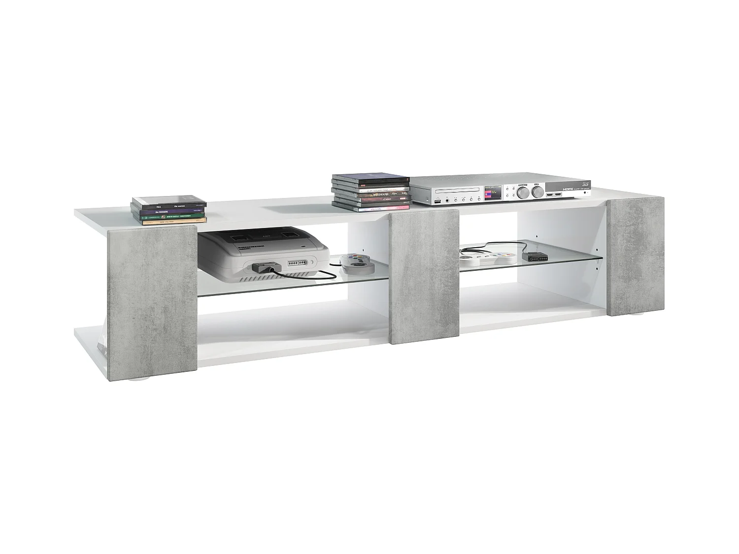 Buffet bas Movie V2, Meuble TV avec 6 compartiments ouverts et placages décoratifs, Blanc mat/Aspect Béton Oxyde, (134 x 29 x 39 cm)