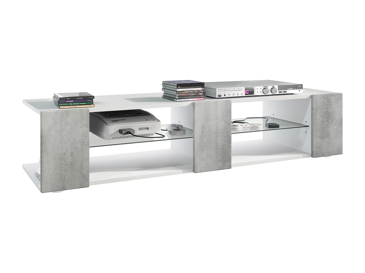 Buffet bas Movie V2, Meuble TV avec 6 compartiments ouverts et placages décoratifs, Blanc mat/Aspect Béton Oxyde, (134 x 29 x 39 cm)