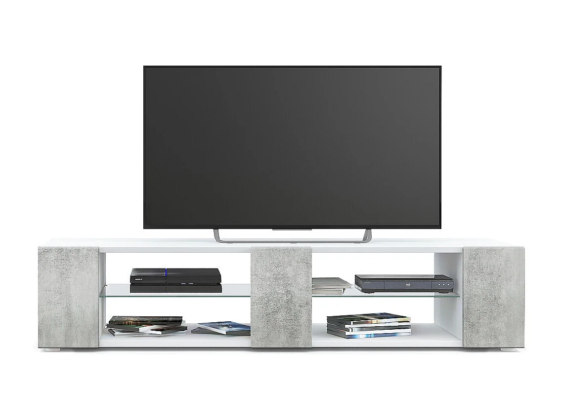 Buffet bas Movie V2, Meuble TV avec 6 compartiments ouverts et placages décoratifs, Blanc mat/Aspect Béton Oxyde, (134 x 29 x 39 cm)