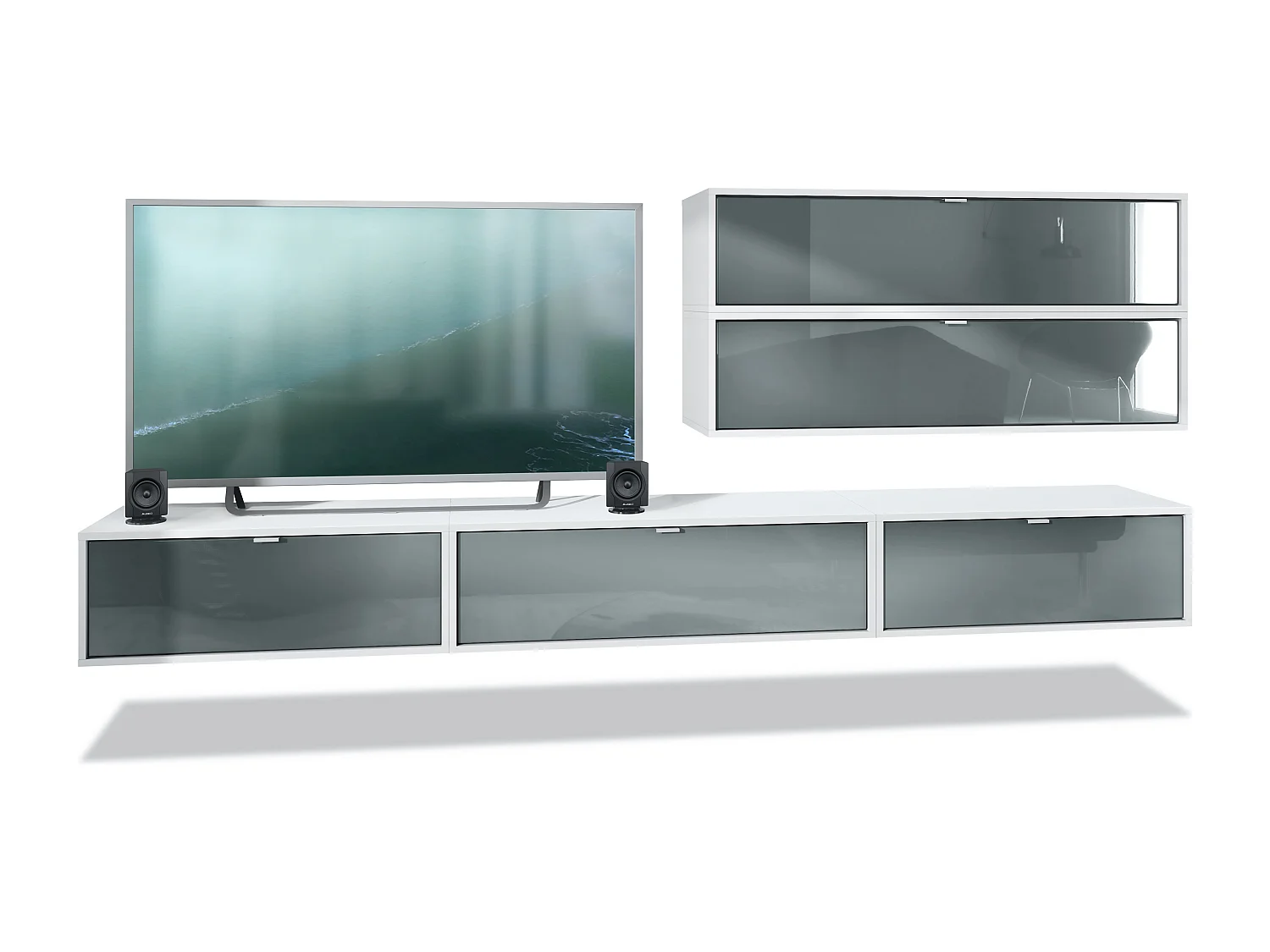 Unité murale Lana V2 composée de 5 unités murales à 12 compartiments, caisson en Blanc mat, façades en Gris haute brillance