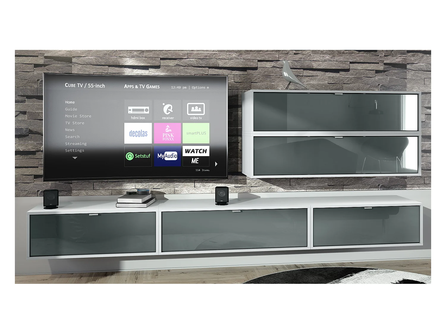 Unité murale Lana V2 composée de 5 unités murales à 12 compartiments, caisson en Blanc mat, façades en Gris haute brillance