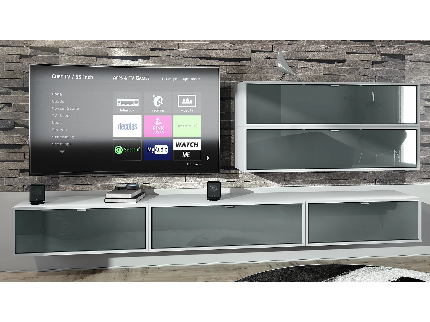 Unité murale Lana V2 composée de 5 unités murales à 12 compartiments, caisson en Blanc mat, façades en Gris haute brillance