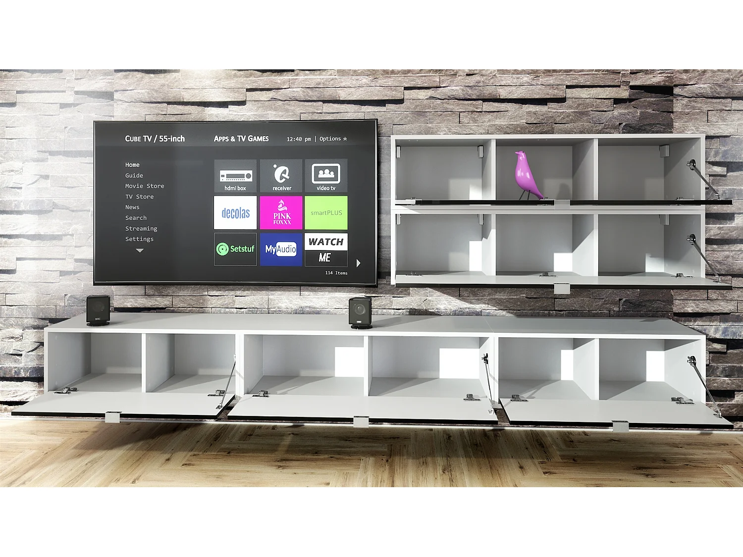 Unité murale Lana V2 composée de 5 unités murales à 12 compartiments, caisson en Blanc mat, façades en Gris haute brillance