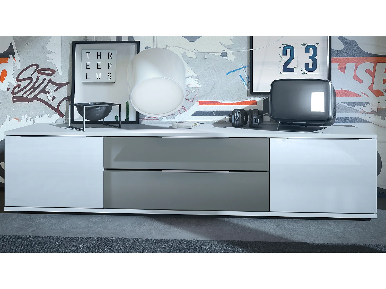 Buffet TV Linio V2, Table de télévision avec 2 portes et 2 tiroirs - Blanc / gris haute brillance (166,5 x 37,5 x 35 cm)