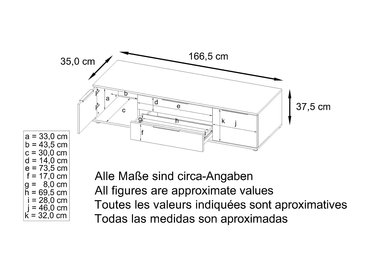 Buffet TV Linio V2, Table de télévision avec 2 portes et 2 tiroirs - Blanc / gris haute brillance (166,5 x 37,5 x 35 cm)