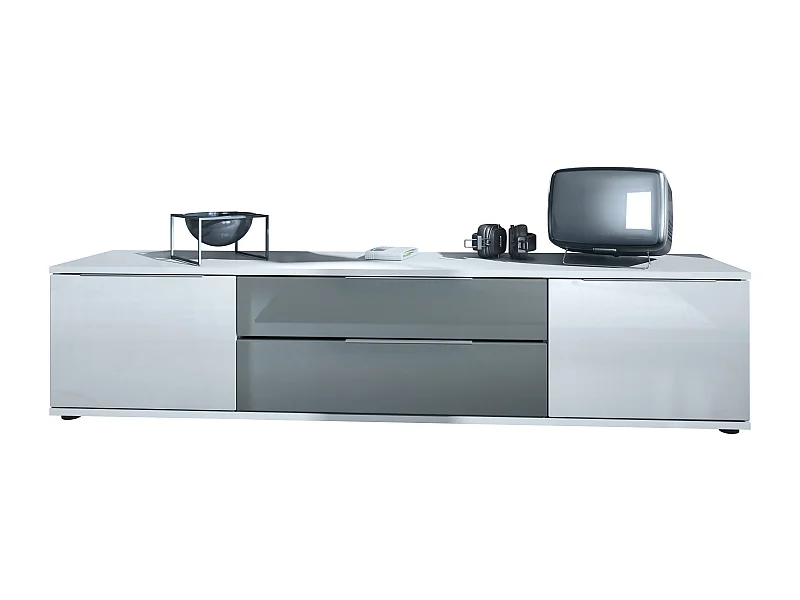 Buffet TV Linio V2, Table de télévision avec 2 portes et 2 tiroirs - Blanc / gris haute brillance (166,5 x 37,5 x 35 cm)