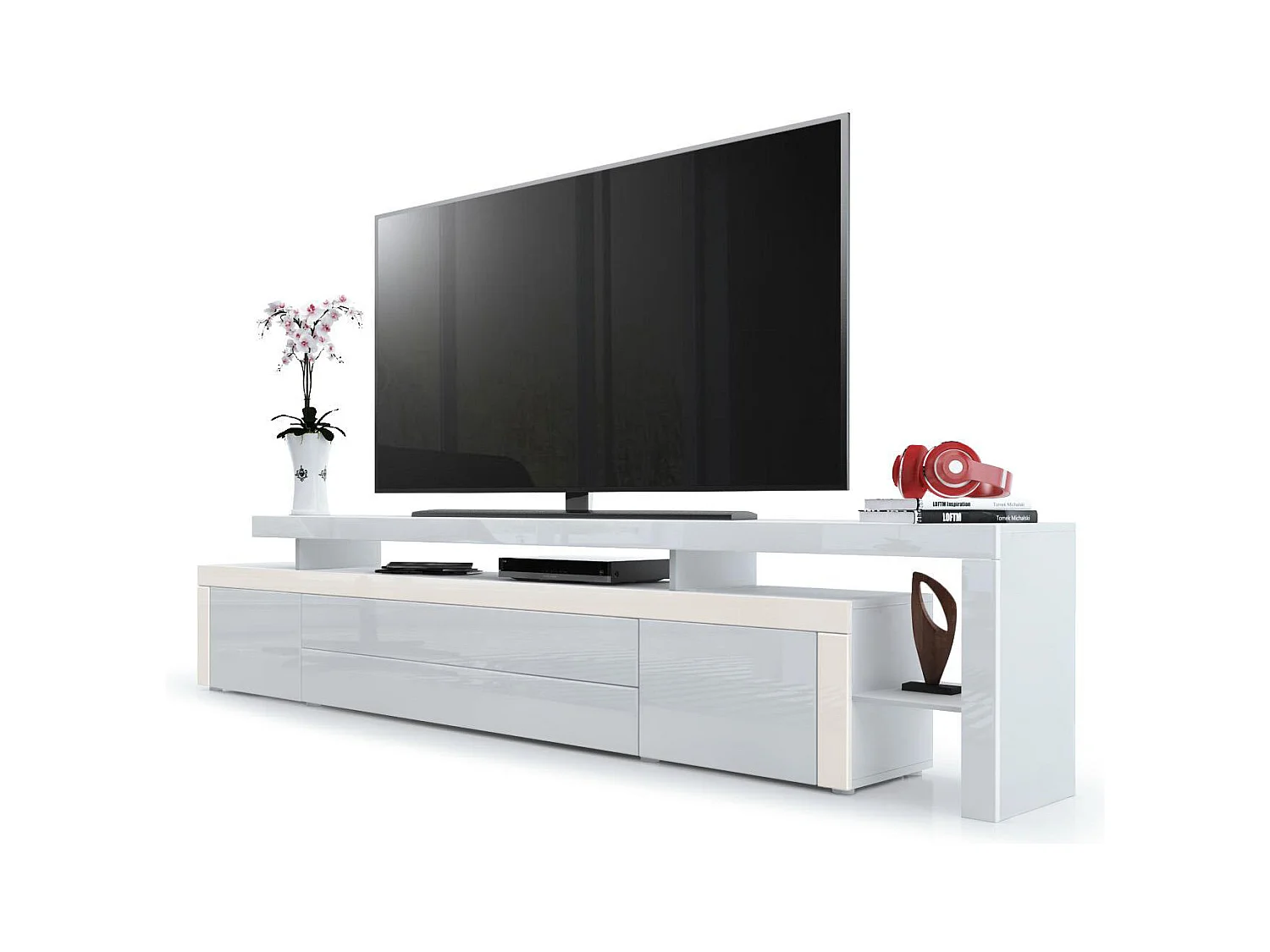 Meuble TV bas Leon, Corps en blanc mat / Façades en blanc haute brillance avec une bodure en crème haute brillance (227 x 52 x 35 cm)
