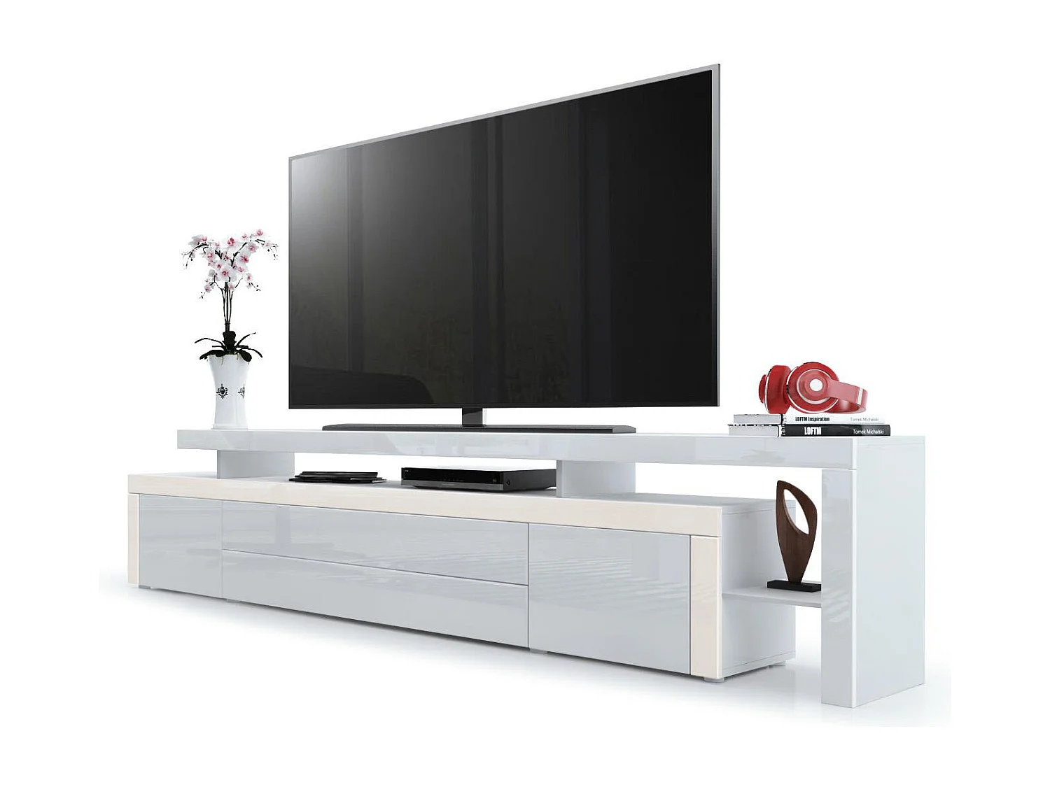 Meuble TV bas Leon, Corps en blanc mat / Façades en blanc haute brillance avec une bodure en crème haute brillance (227 x 52 x 35 cm)