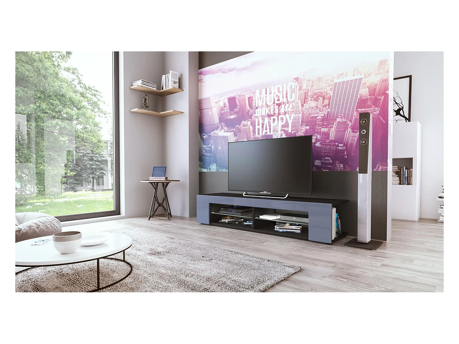 Buffet bas Movie, Meuble TV avec 4 compartiments ouverts et placages décoratifs, Noir mat/Gris haute brillance (134 x 29 x 39 cm)