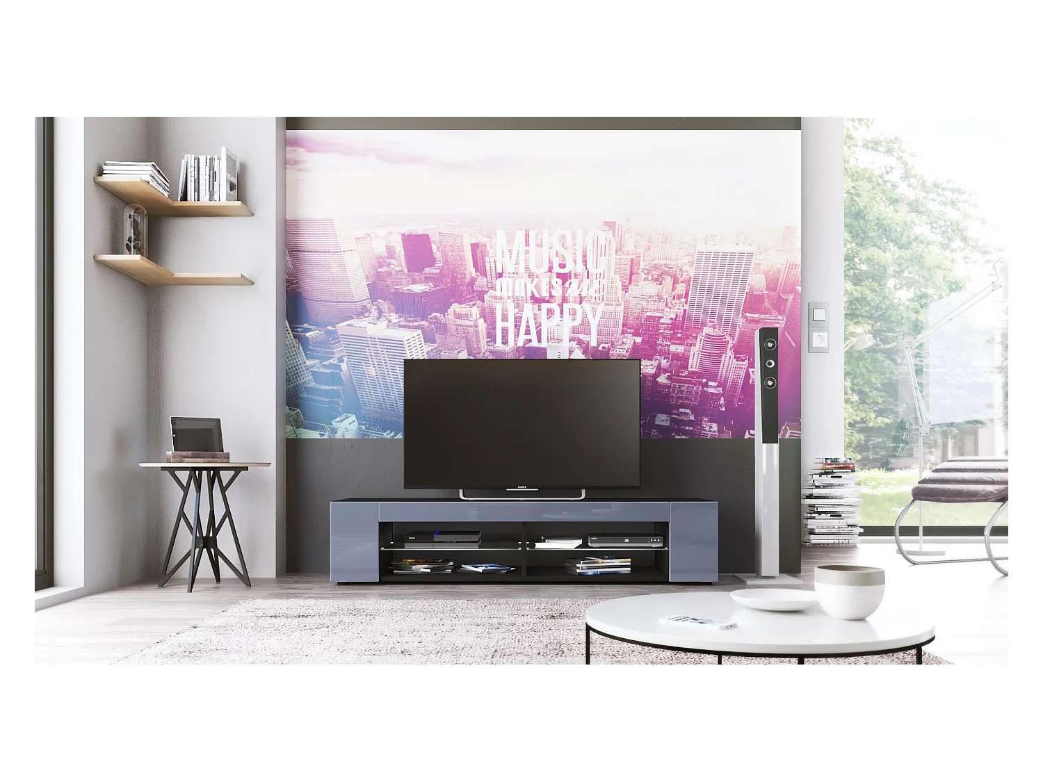 Buffet bas Movie, Meuble TV avec 4 compartiments ouverts et placages décoratifs, Noir mat/Gris haute brillance (134 x 29 x 39 cm)