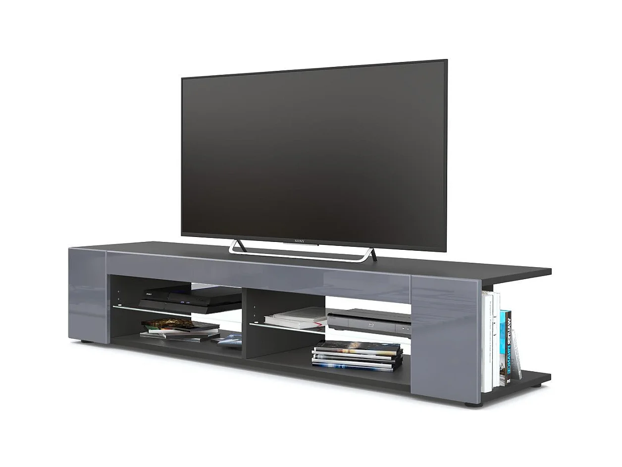 Buffet bas Movie, Meuble TV avec 4 compartiments ouverts et placages décoratifs, Noir mat/Gris haute brillance (134 x 29 x 39 cm)