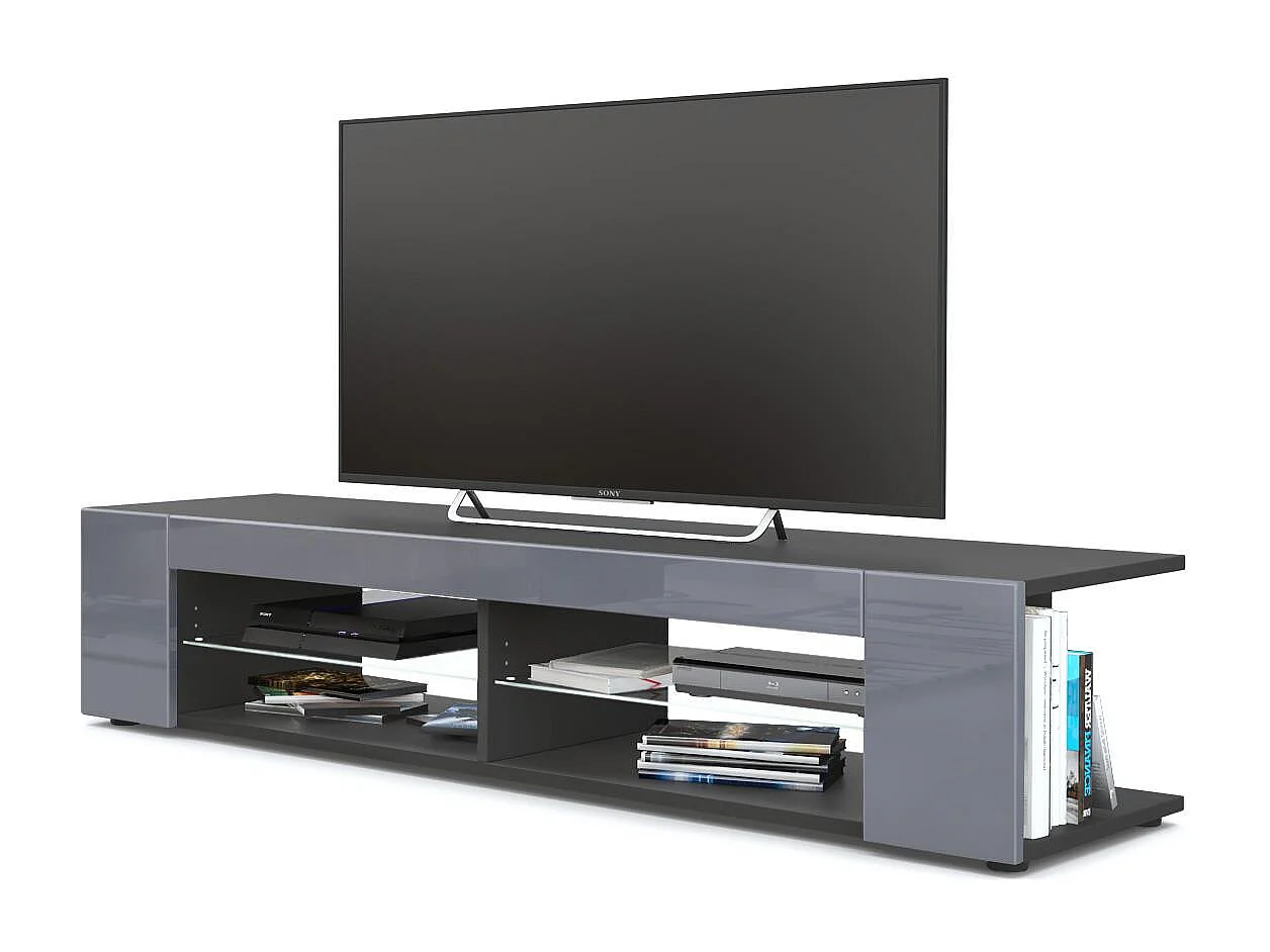 Buffet bas Movie, Meuble TV avec 4 compartiments ouverts et placages décoratifs, Noir mat/Gris haute brillance (134 x 29 x 39 cm)