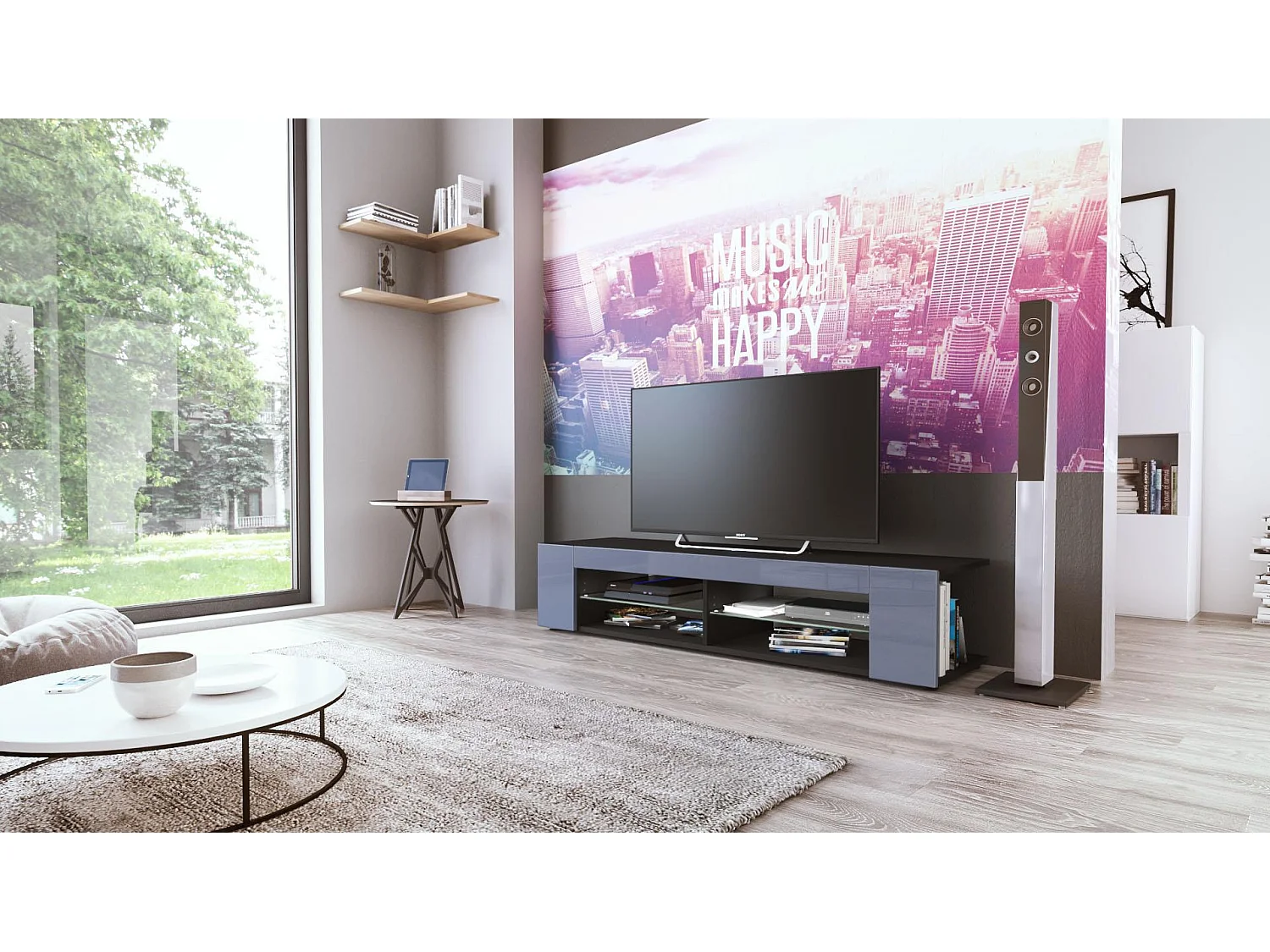 Buffet bas Movie, Meuble TV avec 4 compartiments ouverts et placages décoratifs, Noir mat/Gris haute brillance (134 x 29 x 39 cm)