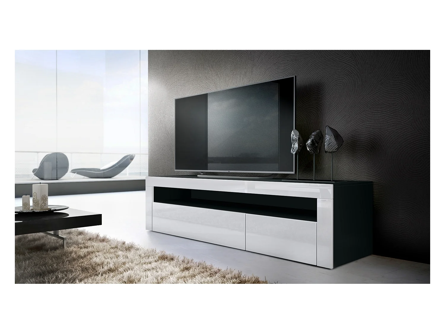Buffet bas Valencia, Meuble TV avec 1 compartiment ouvert et 2 clapets, Noir mat/blanc haute brillance/blanc haute brillance (155 x 46 x 40 cm)