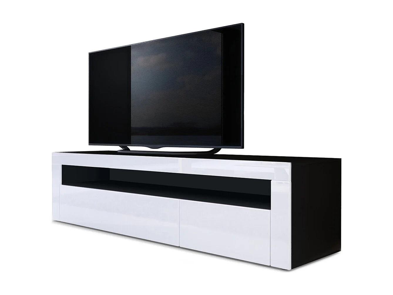Buffet bas Valencia, Meuble TV avec 1 compartiment ouvert et 2 clapets, Noir mat/blanc haute brillance/blanc haute brillance (155 x 46 x 40 cm)